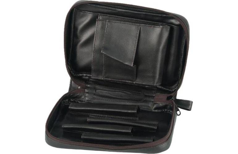 Pfeifentasche 4er mit Metallemblem aus echtem Leder in schwarz 