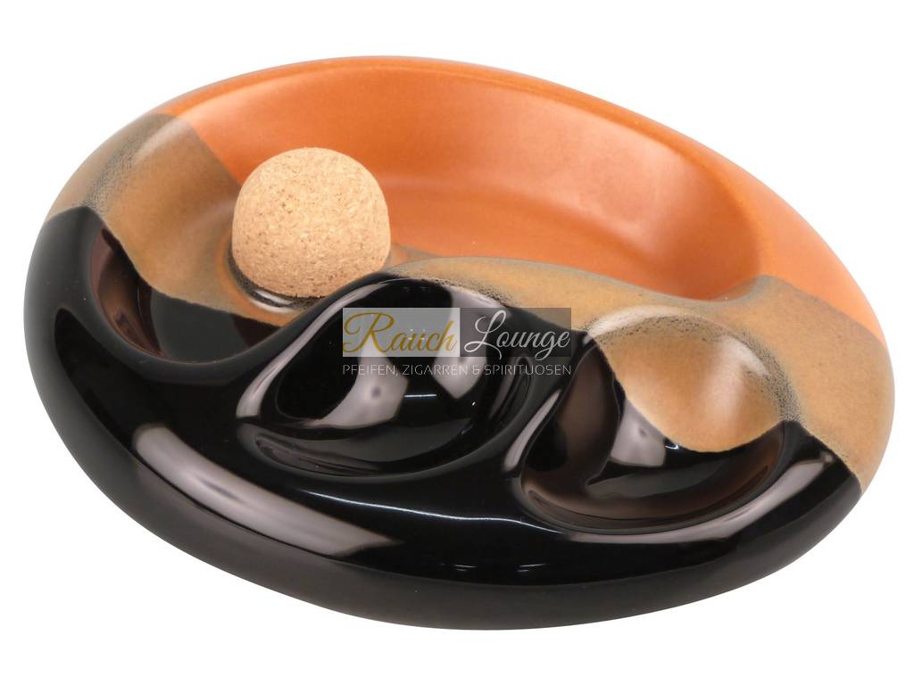 Pfeifenaschenbecher Keramik Schwarz glänzend mit 2 Ablagen und Kork 